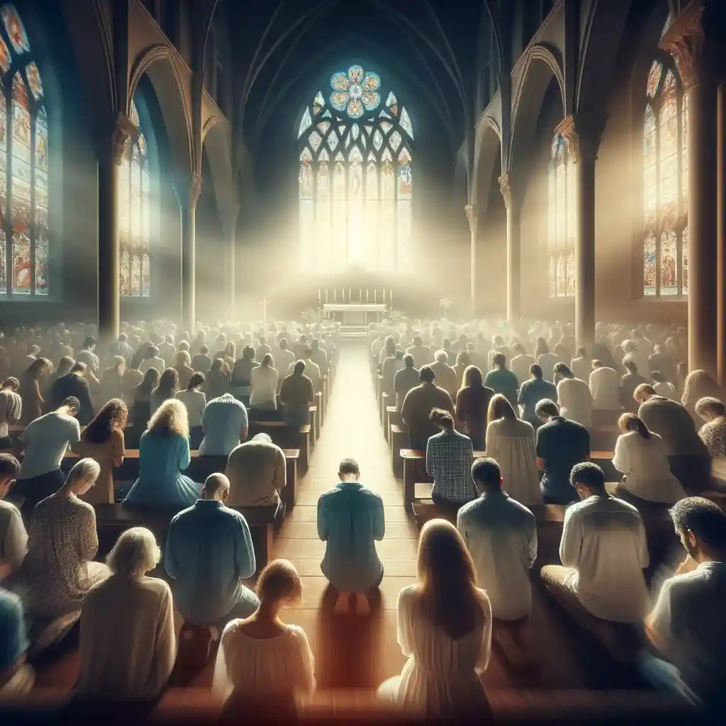 Gambaran doa syafaat dalam gereja, menggambarkan komunitas yang bersatu dalam doa untuk pelayanan mereka.
