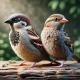 Burung gereja jantan dan betina duduk berdampingan, memperlihatkan perbedaan fitur mereka.