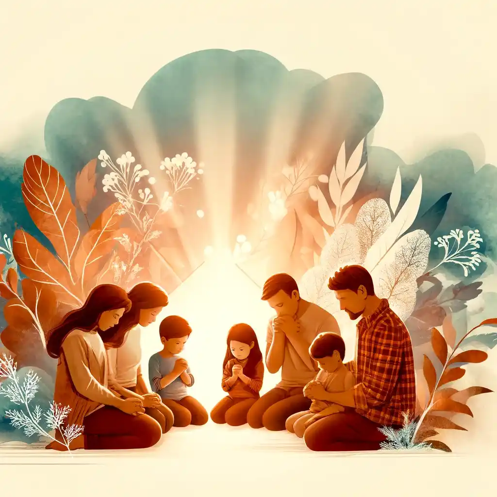 Suasana ibadah keluarga yang hangat dan penuh kasih, mewakili kekuatan doa syafaat dalam mempersatukan anggota keluarga