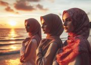 Gambar Wanita Berhijab Menyambut Sunset di Tepi Pantai