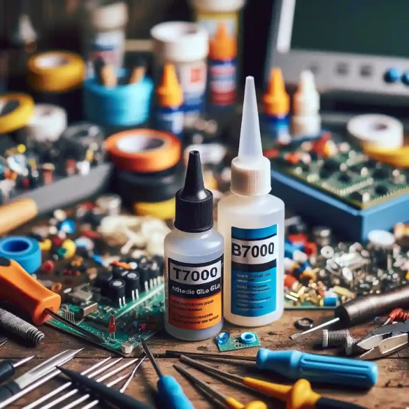 Menggali Lebih Dalam Perbedaan Lem T7000 dan B7000 untuk Proyek DIY Anda Dua botol lem, T7000 berwarna hitam dan B7000 transparan, diletakkan berdampingan di atas meja kerja penuh dengan alat-alat reparasi, menunjukkan kegunaan khusus mereka dalam dunia DIY dan reparasi elektronik.