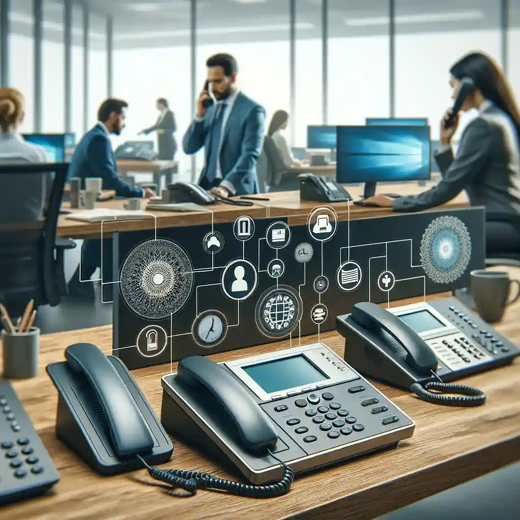 Seorang pegawai kantor menggunakan telepon dengan efisien