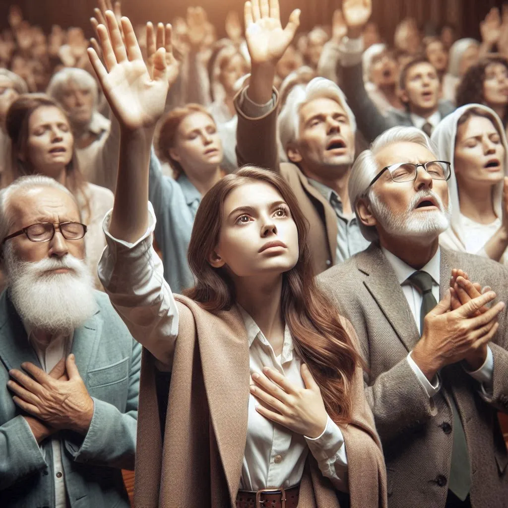 Gambar menunjukkan jemaat gereja bernyanyi bersama lagu "Hatiku Percaya" dengan tangan terangkat sebagai tanda penyerahan diri kepada Tuhan.